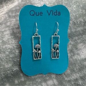 Silver Earrings Mushrooms in Rectangle Frame‎ Nature Lovers NEW